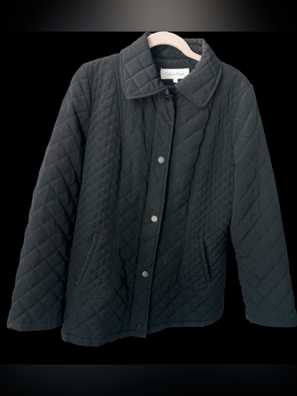 Calvin Klein Black Quilted Jacket Women’s Large Snap Zip Coat Lightweight Puffer